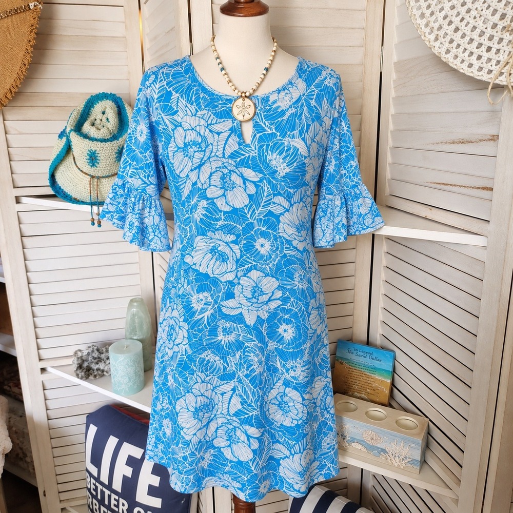 Ruby Rd Sky Blue Floral Keyhole Knee Length Dress Size PM Flutter Sleeve